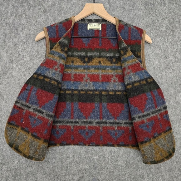 Vintage L.L. Bean Vest Womens M Multi Wool Suede Trim Western Aztec Rustic - Picture 3 of 10